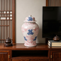 Pot en céramique sous glaçure rose, bleu et blanc, à motif floral, avec couvercle, style chinois, pour rangement et décoration intérieure