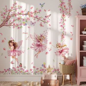 Décoration Murale Autocollante Rose avec Branche d'Arbre, Oiseau, Papillon et Fée pour Chambre d'Enfant et Décoration Intérieure - Product Image 1
