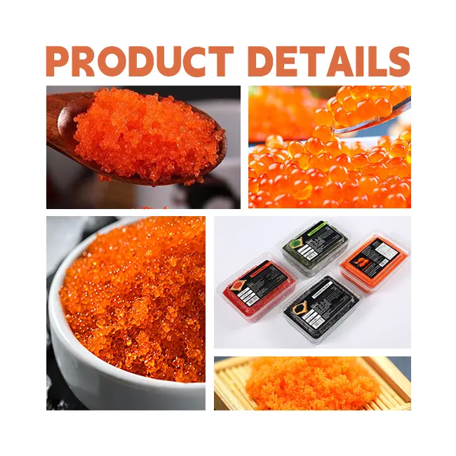 Fabrika deniz ürünleri sıcak satış dondurulmuş yüksek protein turuncu yeşil siyah sarı kırmızı renk uçan balık roe suşi gıdalar