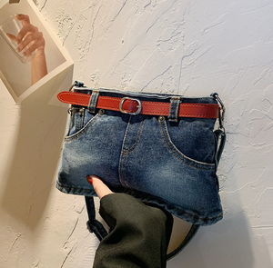 패션 Y2K 스타일 스커트 모양 데님 스몰 스퀘어 숄더백 빈티지 개성있는 청 가방 레드 벨트 크로스백 - Product Image 5
