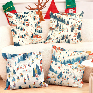 Acogedoras almohadas decorativas de invierno con escenas de esquí nevadas, mostrando personas disfrutando de las pistas y los telecabinos. - Product Image 1