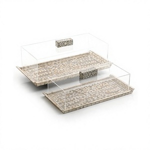Lot de 2 plateaux de service en bois et vadrouille avec couvercle en acrylique pour pâtisserie du désert et plateau de service alimentaire au meilleur prix - Product Image 1