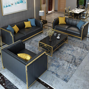 लक्जरी गोल्डन मेटल फ्रेम ऑफिस चमड़े के सोफे 3 सीट संयोजन सोफे घर के लिए आधुनिक सोफे सेट करें - Product Image 4