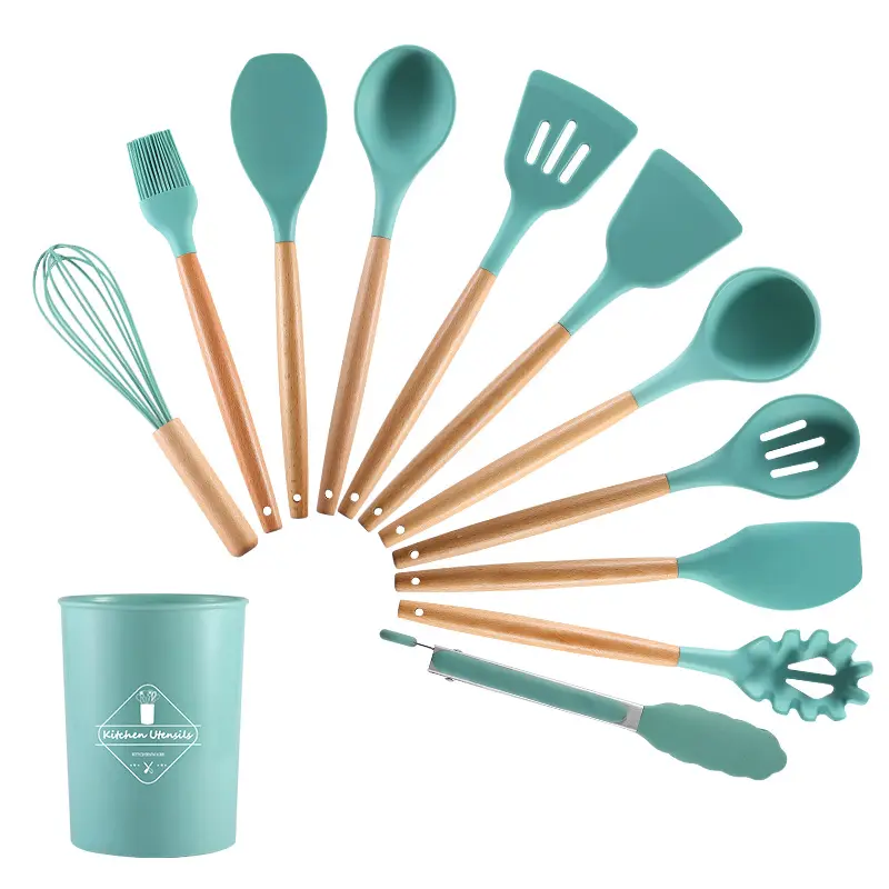 Amazon Top Seller 12pcs Non-stick Silicone Utensil Tool Sets with Holder Wooden Handle Cooking Tools Kitchen Utensils Set