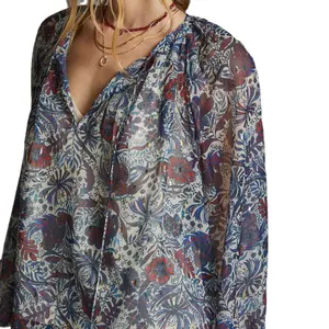여성 섹시한 레이스 레트로 꽃 셔츠 블라우스 긴 소매 v 넥 디자인 탑스 2022 봄 여름 빈티지 쉬폰 셔츠