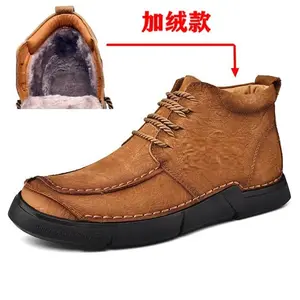 Men's Plus Size Winter Leather Mid-top Shoes with Added Fur for Warmth Top-grain Cowhide British Style Casual Shoes