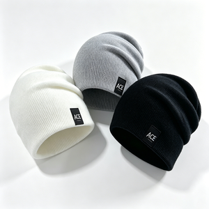 Slouchy White ACE Puff Printed Knit Beanie Custom Embroidery Unisex Warm Winter & Autumn <b>Hat</b> for Outdoor & Streetwear - Product Image 4