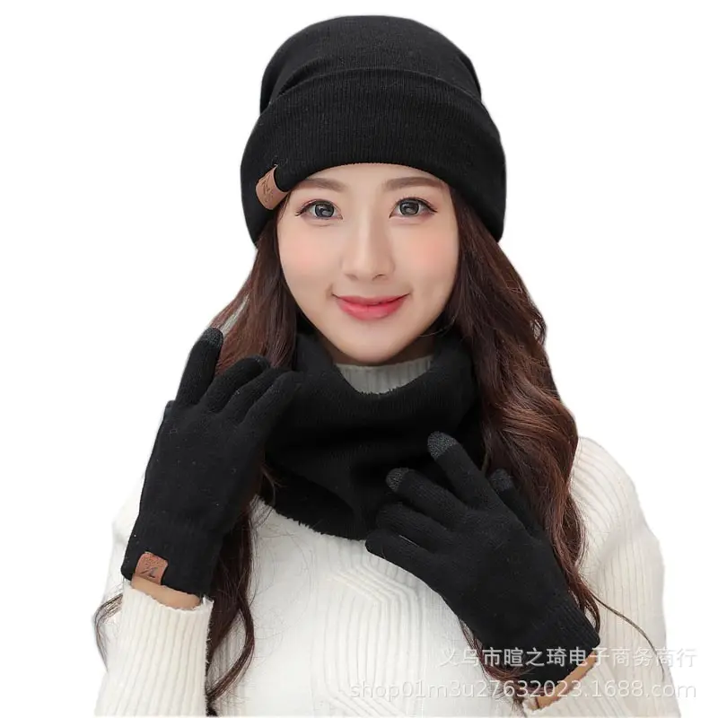 Wholesale 3-Pieces Winter Beanie Hat Scarf and Touch Screen Gloves Set Warm Knit Skull Cap
