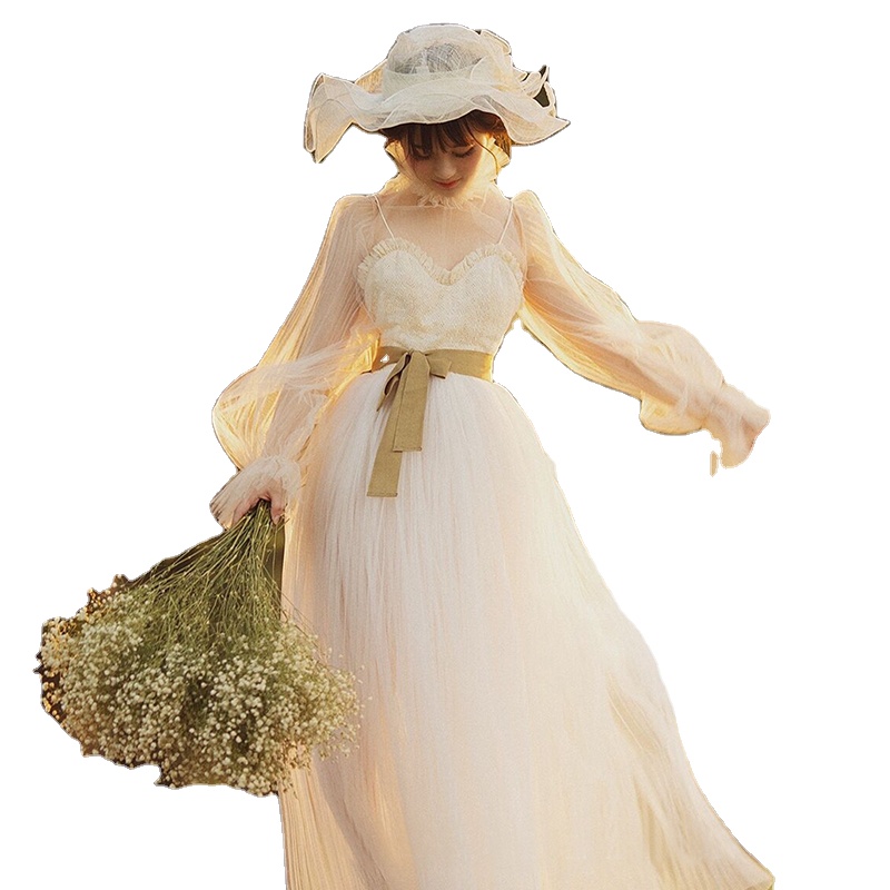 1042# 100% Real Picture Wedding Gown Victorian Vintage Two Piece Pleated Tulle Long Sleeve Lace Bridal Dress Floor Length
