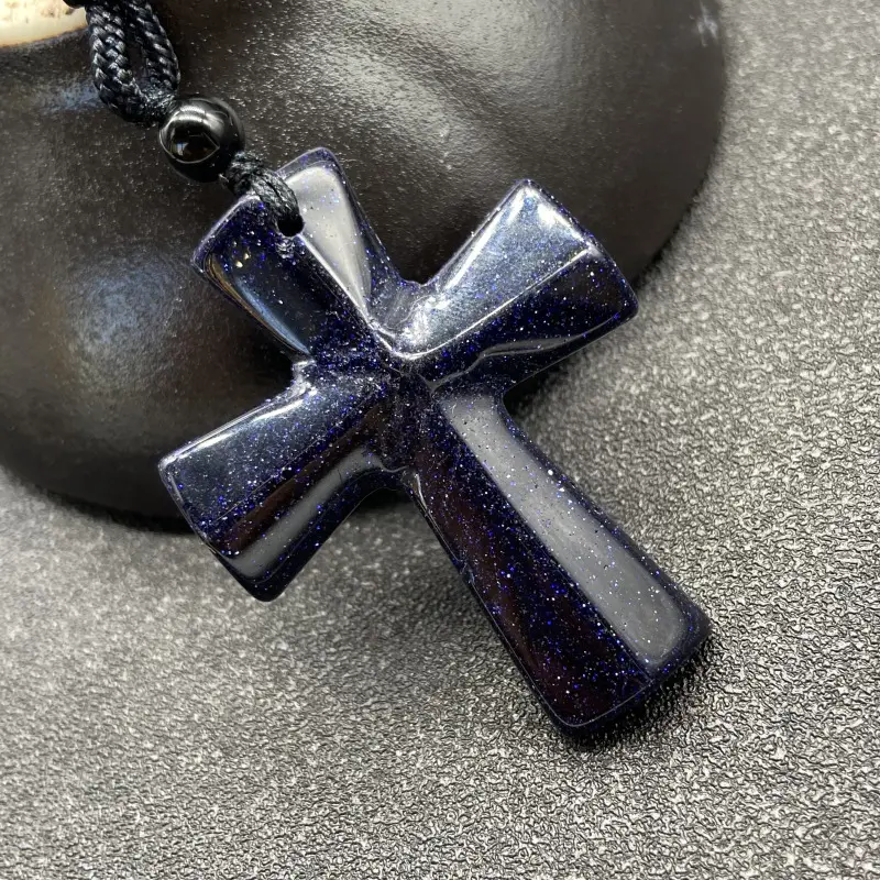 Jade Cross Pendant Men Necklace Meditation Jewelry Natural Stone Frosted Black Onyx Catholic