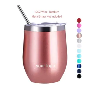 Customize Hot Bottle Of 350Ml 12 Oz Straight Side Food Grade Double Wall Egg Shape Wine Tumbler With Straws Lid