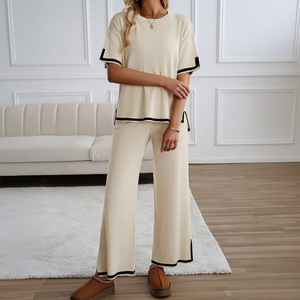 <span class=keywords><strong>Felpa</strong></span> <span class=keywords><strong>in</strong></span> maglia da donna allentata 2 pezzi maglione completo Pullover a maniche corte top pantaloni larghi <span class=keywords><strong>in</strong></span> <span class=keywords><strong>vita</strong></span> elasticizzata Set da salotto - Product Image 5