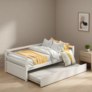 DB Luxury Twin Size Trundle <b>Bed</b> <b>Frame</b> <b>With</b> <b>Storage</b> Modern <b>Wood</b> Upholstered Foam Mattress White - Product Image 2