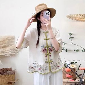 Women's Cotton Linen Shirt Rose Pink Chinese Embroidery Folded Buttons Loose Fit Breathable Everyday Wear - Product Image 5