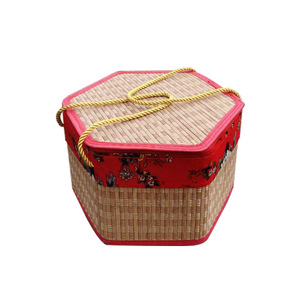 Bamboo <b>Woven</b> <b>Basket</b> Red Floral Design Oval Shape For Mooncakes Zongzi Hairy Crab Gift Storage Carry Handle - Product Image 4