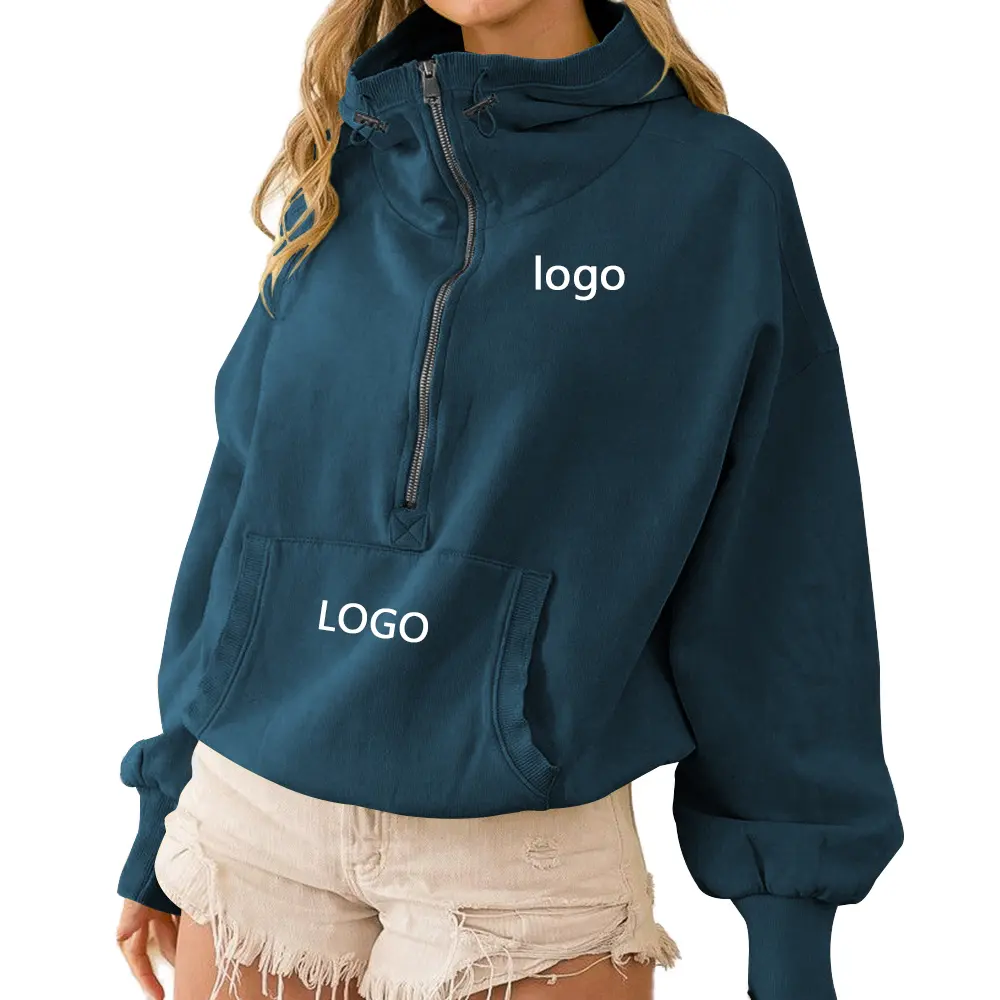 Custom Logo Women's French Terry Zip-Up Pullover Hooded Sweatshirts Cropped Winter Casual Style Back-Embroidered Hoodies Girls