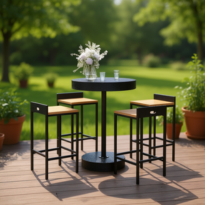 Ensemble de meubles de bar noirs, structure métallique ronde avec sièges en bois pour usage extérieur en jardin, style contemporain, design moderne et durable - Product Image 2