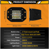 Lumières stroboscopiques blanches ambrées de 5 pouces 42W feu antibrouillard jaune de tireur latéral, lumière de travail de conduite de 6 modes avec fonction de mémoire