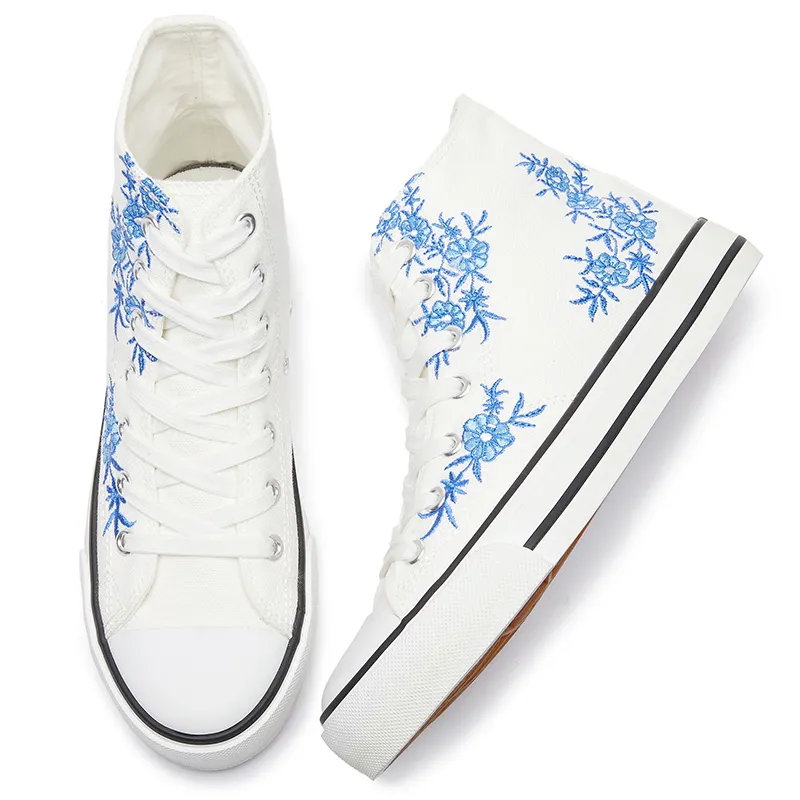 XRH Hot Sale Embroidered High Top Canvas Shoes Flat Bottom White Lace Up Women'S Canvas Trendy Shoes For Women