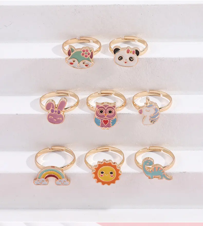 Customized Kids Gold Adjustable Animal Rings Hawaii Beach Cute Colorful Enamel Dolphin Rainbow Rings Set For Girls