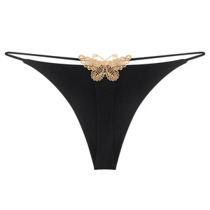 Tanga negra de tirantes finos para mujer, con bordado dorado de mariposa, de talle bajo, suave y elástica, lencería tipo G-string para mujer, venta al por mayor. - Product Image 1