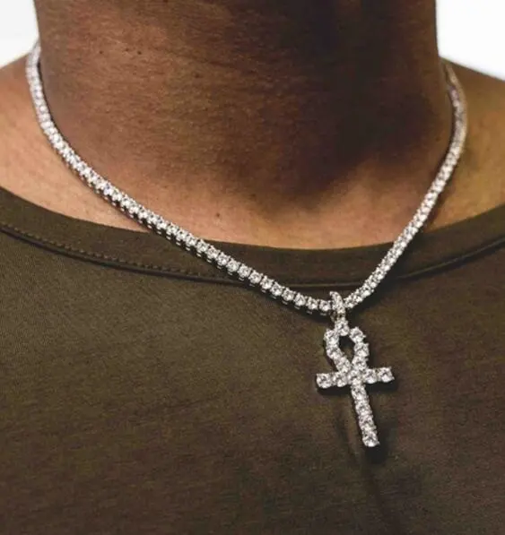 5mm round cz tennis chain cz cross charm iced out hip hop ice men pendant necklace 18" 24"