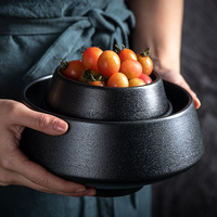 Ensemble de vaisselle en céramique noire avec bol sur pied et assiette occidentale pour sauces, riz, nouilles, soupes et salades, pour la cuisine et la salle à manger