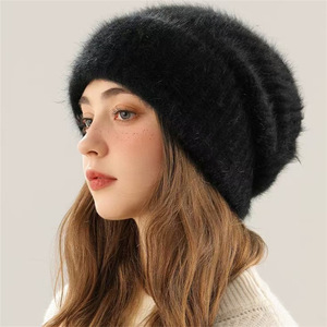 <span class=keywords><strong>Bonnet</strong></span> en laine tricoté haut de gamme pour <span class=keywords><strong>femme</strong></span>, en fourrure de lapin jacquard, avec boutons, collection automne/hiver, design qui affine le visage, pour tour de tête de 48-50 cm - Product Image 4