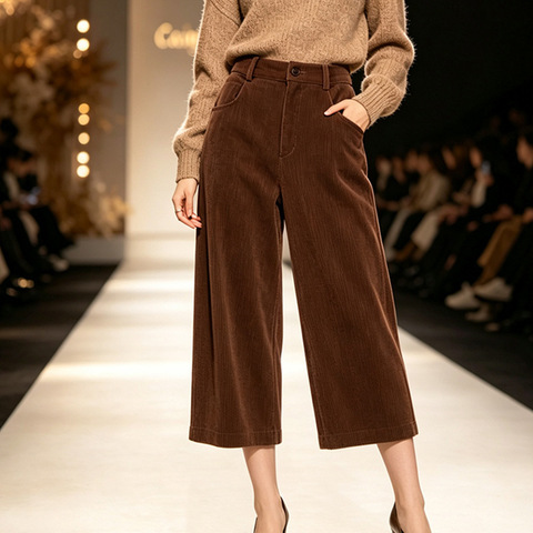 HN6358 Coffee Brown Cord Embossed Sheepskin Pants Mid Rise Office Commuter Cropped Trousers