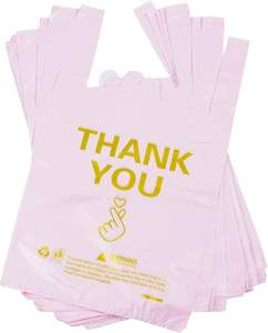 Sacs d'épicerie en plastique recyclables blancs à poignée robuste avec design de t-shirt «merci» personnalisable pour une utilisation au supermarché - Product Image 2