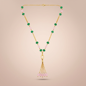 Custom Rhodium Plated Necklace Green Onyx Pink Quartz Bead Station Oval Link Y Lariat Tassel Drop Chain Fine Women Luxury <b>Gift</b> - Product Image 4