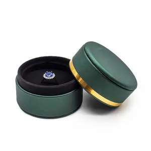 Estuche de cuero PU para joyería, cajas de embalaje con forro de anillo de oro rojo, verde, azul y negro, regalo de lujo redondo