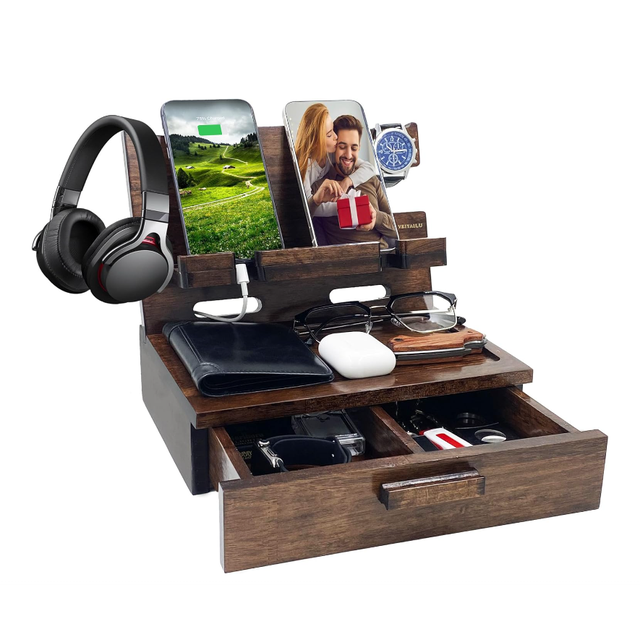 Vintage Wooden Phone Docking Station Organizer with Drawer Dad Birthday Gift Nightstand Stand Easy Installation