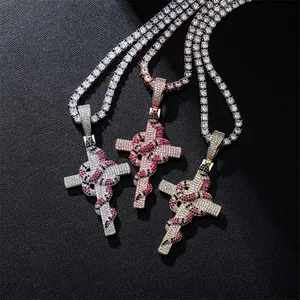 Hip Hop Punk Jewelry Gold Silver Iced Out Diamond Twisted Coral Python Snake Apep and Cross Pendant