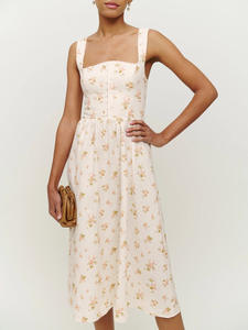 Robe d'été en lin à imprimé floral avec doublure en coton, col <span class=keywords><strong>carré</strong></span> et bretelles, robe <span class=keywords><strong>mi</strong></span>-longue pour femmes - Product Image 2