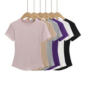 Nouveau T-shirt respirant à manches courtes et col masque, style européen et américain, pour femme, coupe ajustée, taille fine, couleur rose poudré - Product Image 1