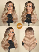 Perruque Lace Front 13x6 Pré-tressée Brunette avec Mèches Blondes, Ondulations Souples, Raie Latérale et Baby Hair, Facile à Poser et Prête à Porter