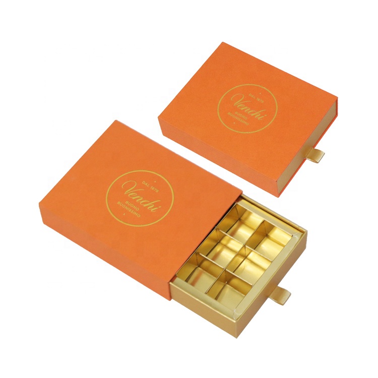 Custom Printed Logo Orange Gold Foil Sliding Paper Box with 12 Dividers Cardboard Drawer Box for Chocolate Packaging