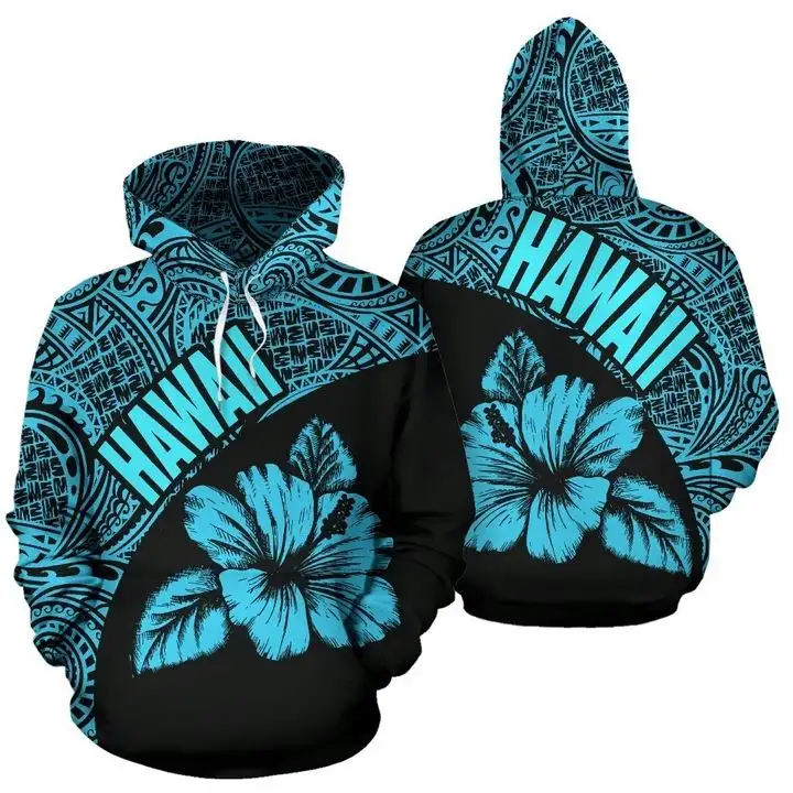 Hawaii Hibiscus polinezya dövme mavi rahat kazak erkekler Hoodie yenilik komik uzun kollu kapşonlu kazak cepler ile Tops