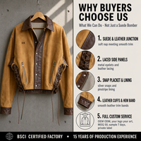 Blouson Bomber en Daim Marron Chameau Personnalisé 400gsm avec Bordures en Cuir, Panneaux Latéraux Lacés, Doublure Rayée, Poches, Vêtement d'Extérieur, Streetwear, OEM ODM