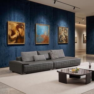 Sofá Modular de Lujo Contemporáneo de Cuero Genuino con Diseño de Cuadrícula y Costuras, Extragrande y Confortable, de 3 Plazas, con Esponja, para Apartamento - Product Image 1