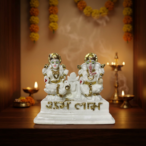 Idole décorative Laxmi Ganesha Murti en marbre, 4 pouces, or blanc, avec Shubh Labh, pour le culte de Diwali, le temple, le bureau et la décoration Vastu - Product Image 5