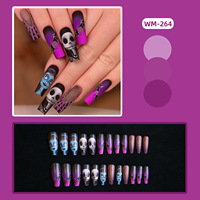 Faux ongles à presser longs forme cercueil dégradé violet noir mat, thème La mariée momie et Le cauchemar avant Noël, pour Halloween