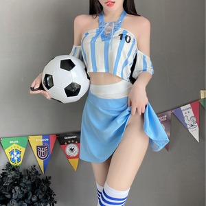 Sexy Soccer Jersey <b>Costume</b> Lingerie Women's Blue White Striped Crop Top With Skirt Adult Game Cosplay Outfit - Product Image 1