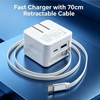 Chargeur pliable HNT 40W GaN avec câble USB-C rétractable intégré de 70 cm, double port A+C, adaptateur de voyage pour iPhone 16 15, prise en charge OEM ODM