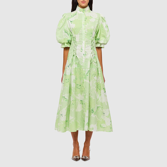 Green Fresh Long Dresses 2023 Spring New Fashion Stand Collar Puff Sleeves Waist Belt Ruffle Dress