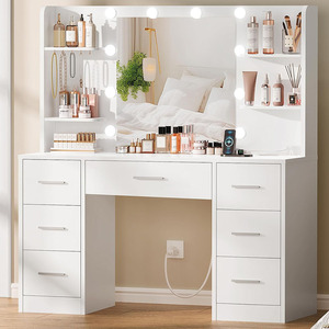 OEM/ODM Custom Bedroom Modern <strong>White</strong> Wood Makeup <strong>Vanity</strong> <strong>Desk</strong> with LED Lighted Mirror &amp; Power Outlet 7 Drawers 4 Shelves 5 Hooks - Product Image 1