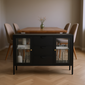 Black Steel <b>Sideboard</b> 41.3x13.8x27.6 Inches Tempered Glass Doors Modern Minimalist Design Home Furniture - Product Image 2