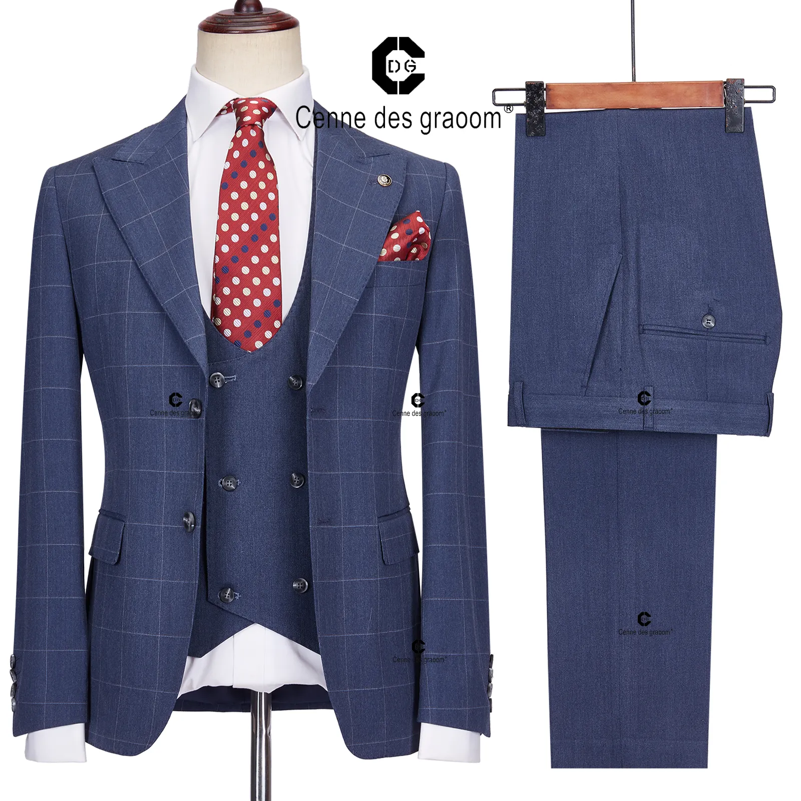 Cenne Des Graoom 2023 Tailor-Made Blue Plaid Men ternos Slim Fit Jacket Vest Calças 3 Pcs/Set Groom Business Office Meeting Party