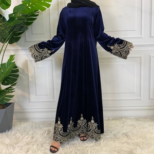 6425# Fashion Crown Pattern Embroidery Applique Cardigans Velvet Dress Loose Sleeve Modest Abaya Dresses Dubai Islamic Clothing - Product Image 2